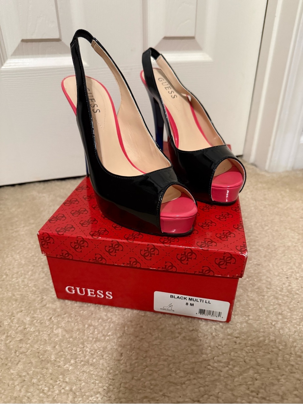 GUESS Black Patent Peep-Toe Slingback Heels with Pink and Blue Accents